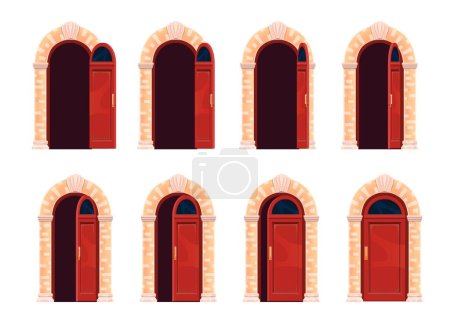 Illustration for Cartoon open door motion, animation sprite. Vector luxury house doorway opening sequence frame. Close, slightly ajar and open stages of wooden arched doors with darkness inside. Home facade entrance - Royalty Free Image