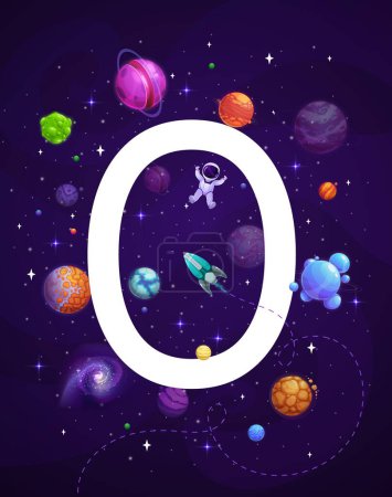 Illustration for Cartoon space letter O font of vector kids alphabet. Astronaut, rocket or spaceship with futuristic galaxy planets, comets and stars background. Space travel, exploration, alphabet education poster - Royalty Free Image