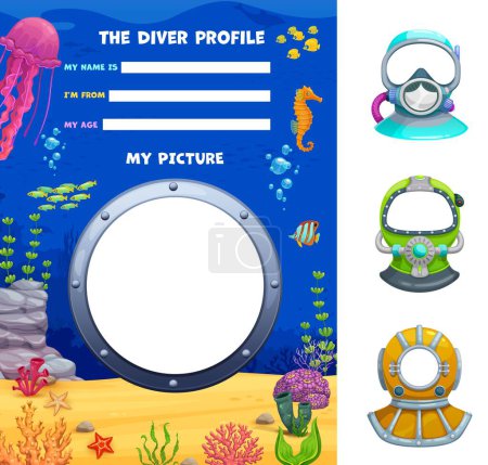 Illustration for Frogman or diver profile form, kid kindergarten information template, vector background. Kids diving school or child personal profile form with sea fishes or ocean underwater cartoon landscape - Royalty Free Image