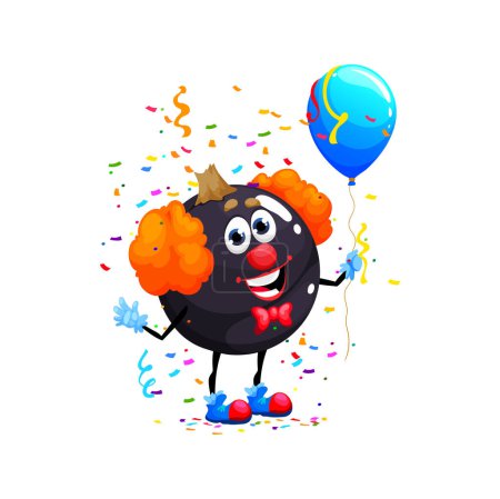 Illustration for Cartoon black currant berry clown character, birthday holiday. Child celebration berry childish personage, kids holiday or birthday party black currant isolated vector funny mascot with balloon - Royalty Free Image