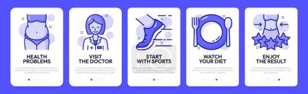 Illustration for Mobile app onboarding screen, nutrition and healthy food, fitness, workout and diet, vector application templates. Weight control and healthy eating plan in onboarding screen for mobile app user UI - Royalty Free Image