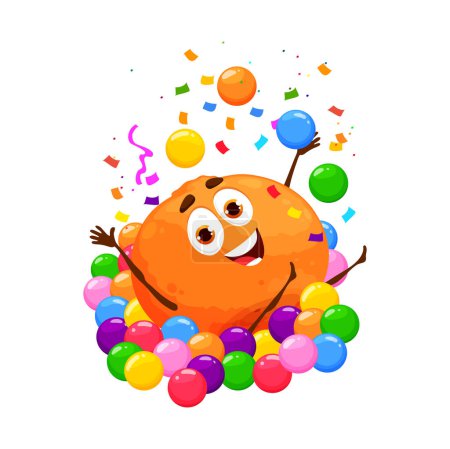 Illustration for Cartoon cheerful grapefruit or orange fruit character on birthday party, anniversary holiday celebration. Birthday greeting, anniversary holiday funny fruit vector personage having fun in ball pit - Royalty Free Image