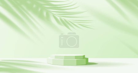 Illustration for Light green podium. Exhibition gallery scene, studio showroom mockup platform base or cosmetics product presentation space realistic vector backdrop. Fashion showcase stand with plant leaves shadows - Royalty Free Image