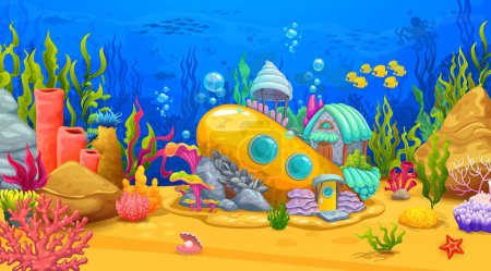 Illustration for Cartoon sea underwater landscape with submarine house on bottom, vector undersea background. Ocean underwater home dwelling of marine creature in bathyscaphe or seashell house of coral reef world - Royalty Free Image