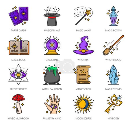 Illustration for Color witchcraft magic icons. Esoteric, astrology, mystery symbols of Halloween, medieval alchemy. Thin line witch hat, tarot cards, broom, potion and cauldron, magician wand, book, ball and crystal - Royalty Free Image