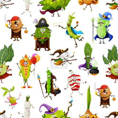 Illustration for Cartoon Halloween vegetable characters seamless pattern. Fabric or textile vector print with artichoke pirate, corn clown, mushroom witch and bean wizard, olive fairy, cabbage sorcerer funny personage - Royalty Free Image