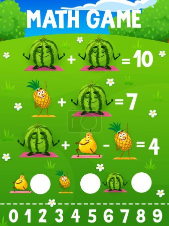 Illustration for Math game worksheet cartoon fruit characters on yoga fitness. Vector mathematics or arithmetic riddle for children education and learning equations with funny watermelon, quince and pineapple sports - Royalty Free Image