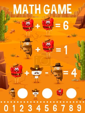 Illustration for Math game worksheet, cartoon Mexican vegetable cowboy and bandit characters, vector mathematics quiz. Math game puzzle for calculation skills training, numbers count with addition and subtraction - Royalty Free Image
