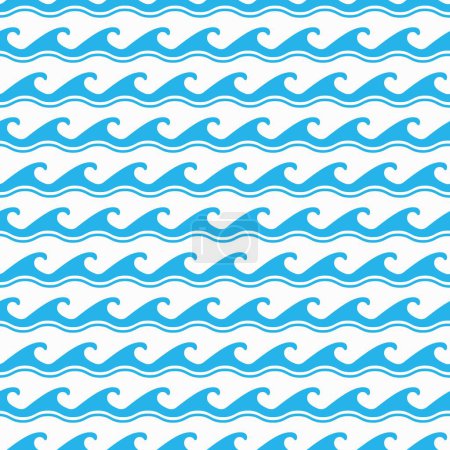Téléchargez les illustrations : Océan bleu et vagues de mer motif sans couture avec ornement de ligne bouclée. Fond de surf d'eau bleue de la nature marine avec motif géométrique abstrait des vagues de tempête de mer et d'océan, ondulations et rouleaux - en licence libre de droit