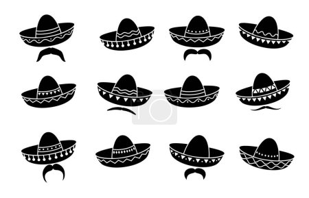 Ilustración de Vaquero charro mexicano o músico de mariachis sombrero sombrero iconos y bigotes aislados conjunto vectorial monocromo, que representa los símbolos tradicionales de México. Artista latino conjunto de sombreros en blanco y negro - Imagen libre de derechos