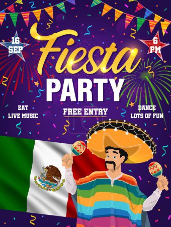 Illustration for Mexican fiesta party flyer. Vector invitation poster or event card with cartoon Mariachi musician in sombrero and national costume playing maracas with flag garlands, fireworks and confetti around - Royalty Free Image