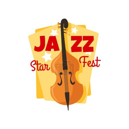 Illustration for Jazz music festival, live band concert fest icon for musical performance, vector poster. Violoncello bass retro or vintage cartoon icon with stars for jazz festival or music bar live event - Royalty Free Image