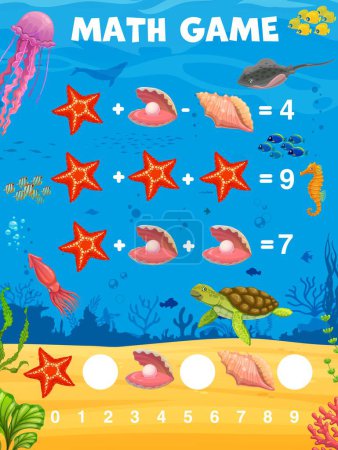 Illustration for Math game worksheet. Cartoon animals, fish and seashells. Education riddle, kids mathematical quiz vector worksheet with starfish, seashell and pearl, stingray, ocean fish, turtle funny characters - Royalty Free Image