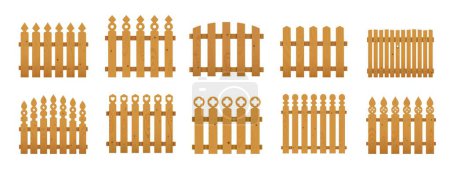 Illustration for Wooden fence, farm ranch, garden palisade or banister, vector wood picket barrier. Cartoon wooden fence or house enclosure railing with rustic old planks, nails and arrowheads of entrance gates - Royalty Free Image