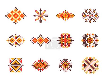 Illustration for Mexican tribal motif patterns. Ethnic line ornament. Isolated vector set of traditional designs and symbols, reflecting the rich cultural heritage and indigenous artistry of Mexico. Embroidery samples - Royalty Free Image