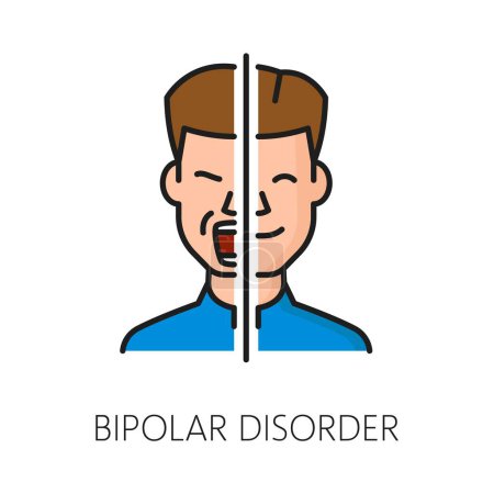 Illustration for Bipolar disorder psychological disorder problem, mental health icon depicting person with face separated on high and low emotional spectrum. Isolated vector linear sign representing different moods - Royalty Free Image
