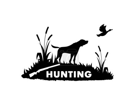 Illustration for Hunting emblem. Dog silhouette with flying duck and gunshot. Bird hunting sport, shooting hobby or animal hunt season vector banner with pointer or hound dog on meadow, flying duck and rifle - Royalty Free Image
