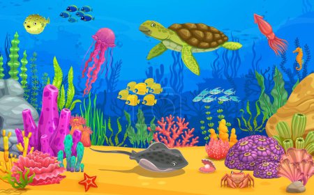 Ilustración de Dibujos animados animales marinos, tortuga, raya, medusas y cardumen de peces en el paisaje oceánico submarino, nivel de juego de vectores. Fondo submarino con arrecife de coral mundo submarino, peces tropicales y conchas marinas - Imagen libre de derechos
