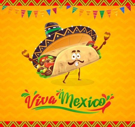 Téléchargez les illustrations : Cartoon personnage mexicain burrito. Bannière de vacances mexicaine avec personnage culinaire tex mex drôle porter mariachi sombrero, jouer des rythmes traditionnels Viva Mexico sur les maracas lors de la célébration de l'événement festif - en licence libre de droit