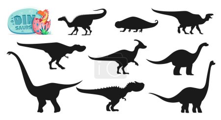 Illustration for Isolated dinosaurs cartoon characters silhouettes. Plateosaurus, Hyperodapedon, Tarbosaurus and Parasaurolophus, Vulcanodon, Omeisaurus, Allosaurus and Brachiosaurus, Iguanodon dinosaurs silhouettes - Royalty Free Image