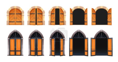 Illustration for Cartoon castle open gate or door motion animation. Vector medieval palace or house entrance wooden arch animate sprite sheet of opening and closing, old stone doorway or wood gateway sequence frame - Royalty Free Image