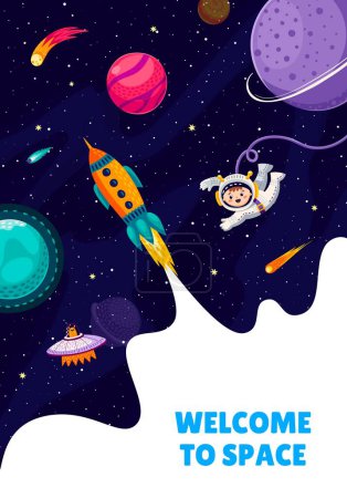 Ilustración de Cartel de viaje espacial. Lanzamiento de naves espaciales cohete, astronauta niño en el espacio exterior, planetas OVNI y galaxias. Vector cosmonauta flotar en la ingravidez con nave espacial alienígena, asteroide y estrellas, viaje interestelar - Imagen libre de derechos