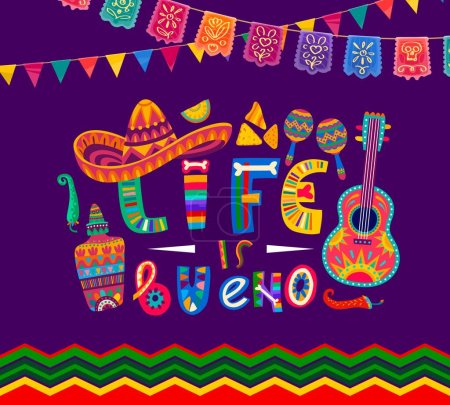Téléchargez les illustrations : Citation mexicaine bannière. La vie est bueno lettrage coloré et amusant avec sombrero, guitare, maracas, os, piment et guirlandes, qui célèbrent la joie de vivre capturant esprit vibrant et le zeste de vivre - en licence libre de droit