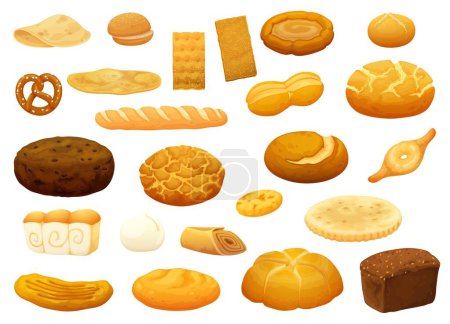 Illustration for Isolated bread and bakery. Bakery crusty products, bakehouse fresh pastry or bakeshop freshly baked cartoon vector bread. Isolated pretzel, burger bun, chapati, tandoor flatbread and barmbrack - Royalty Free Image