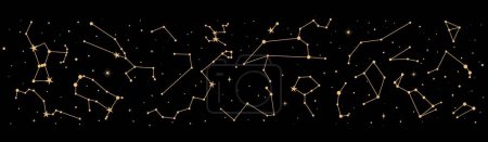 Téléchargez les illustrations : Carte du ciel nocturne, constellation d'étoiles. Astrologie mystique. Carte détaillée vectorielle affichant les positions des objets célestes visibles dans le ciel nocturne. Modèle pour l'astronomie, ésotérique, tarot et magie - en licence libre de droit