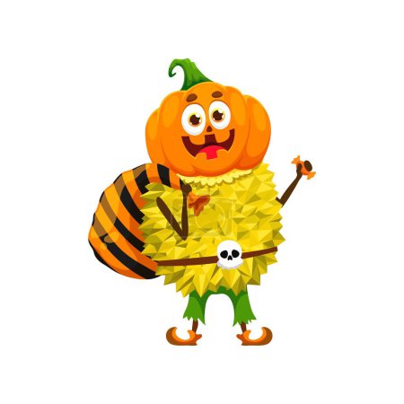 Téléchargez les illustrations : Dessin animé drôle Halloween fruit durian en costume de citrouille, personnage vecteur de vacances. Durian fruit dans fantasmagorique masque de citrouille avec sac de bonbons bonbons pour tour ou traiter partie de nuit d'horreur Halloween - en licence libre de droit