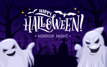 Illustration for Cartoon Halloween ghosts on midnight cemetery landscape, horror night holiday vector poster. Happy Halloween and trick or treat party celebration with spooky ghosts, dead skeletons and zombie in grave - Royalty Free Image