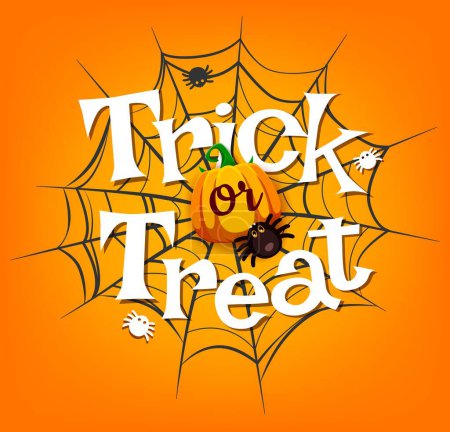 Illustration for Trick or treat Halloween banner with cobweb and funny cartoon spider in spiderweb, vector background. Halloween holiday and horror night and holiday celebration poster with pumpkin and cheerful spider - Royalty Free Image