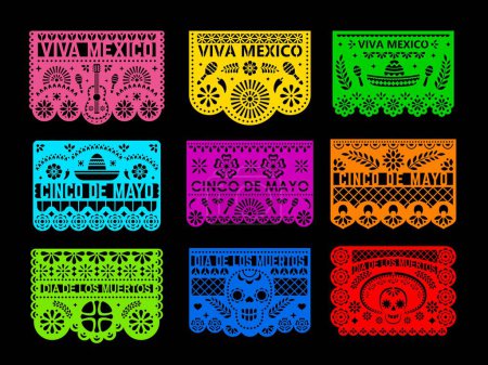 Illustration for Mexican papel picado paper cut holiday flags and banners. Vector Mexico Day of the Dead, Dia De Los Muertos and Cinco de Mayo flags with pattern of calavera sugar skulls, sombrero, guitar and maracas - Royalty Free Image