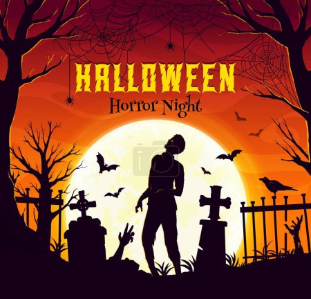 Illustration for Halloween banner, zombie silhouette and flying bats on cemetery, holiday vector poster. Halloween horror night party background with dead zombie skeleton and tombstones on cemetery in haunted forest - Royalty Free Image