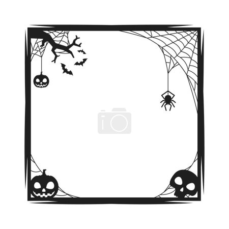 Illustration for Halloween holiday black frame with spiders and pumpkin in cobwebs, scary skull and bats, vector background with borders. Halloween holiday greeting card or poster with spiderweb frame and black tree - Royalty Free Image