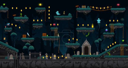 Ilustración de Arcade Halloween noche cementerio juego nivel mapa interfaz con plataformas y fantasmas, vector de fondo. Halloween arcade juego de escaleras y monedas, lápidas y tumbas con escaleras y plataformas de salto - Imagen libre de derechos