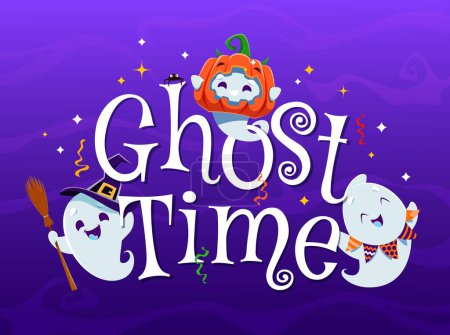 Illustration for Halloween cartoon kawaii ghosts and funny boo poltergeist for horror night holiday, vector poster. Halloween happy ghosts with pumpkin on head and in witch hat with broom, cheerful smiling characters - Royalty Free Image