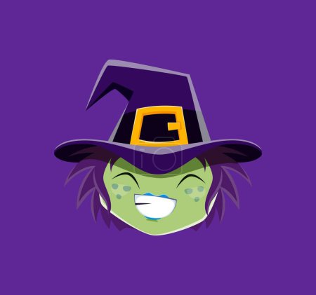 Illustration for Cartoon witch Halloween emoji character. Isolated vector whimsical hag face with green skin, wear pointed hat, and a mischievous grin conveys spooky playful fun to messages during holiday season chat - Royalty Free Image