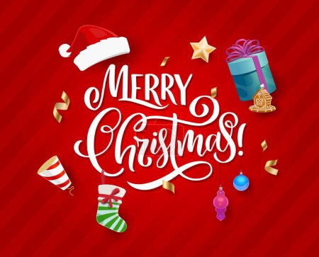 Illustration for Merry Christmas banner. Merry Xmas celebration background, happy New Year holiday or Christmas festive vector backdrop. Winter season greeting wallpaper or banner with Santa hat, gift, stocking sock - Royalty Free Image