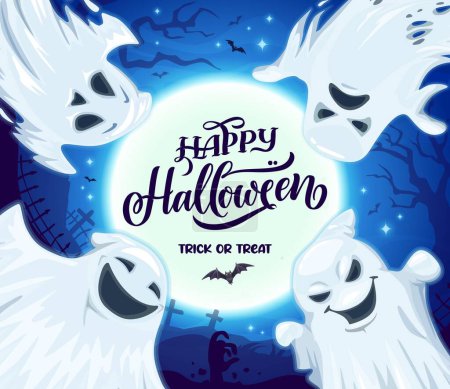 Illustration for Cartoon funny Halloween ghosts on holiday banner with cemetery silhouette, vector boo night. Happy Halloween and trick or treat party celebration poster with spooky smiling ghosts and zombie hand - Royalty Free Image