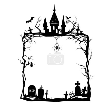 Illustration for Halloween holiday black frame with cemetery tombstones and spiders on cobwebs, horror night vector border. Halloween holiday poster or greeting card with haunted house, bats and tree silhouette - Royalty Free Image