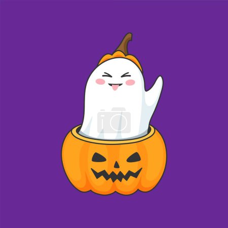 Illustration for Halloween ghost, cartoon kawaii boo character smiling from pumpkin, holiday horror night vector emoji. Funny cute white ghost teasing with tongue in spooky scary pumpkin for Halloween holiday - Royalty Free Image