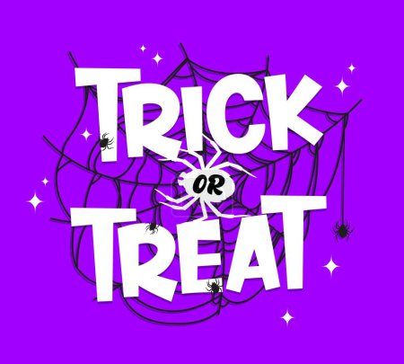 Illustration for Trick or treat halloween banner with spiders and cobweb. Vector purple background adorned with spooky and intricate spiderweb, adding a touch of eerie charm to traditional trick-or-treat festivities - Royalty Free Image