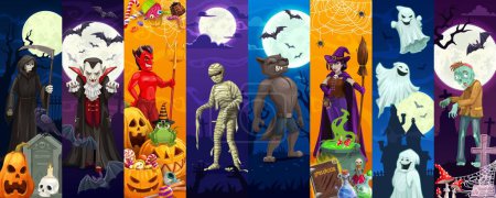 Illustration for Halloween characters collage with spooky monsters of horror night holiday, cartoon vector. Halloween holiday scary pumpkins, zombie and mummy, witch with vampire, werewolf and ghosts at cemetery - Royalty Free Image