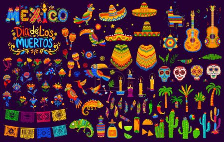 Téléchargez les illustrations : Objets de vacances et festivals mexicains. Sombrero et guitares, maracas et toucans, perroquets et plumes, cactus et bougies, tex mex food, crânes et palmiers à sucre calavera, papel picado flags et tequila - en licence libre de droit