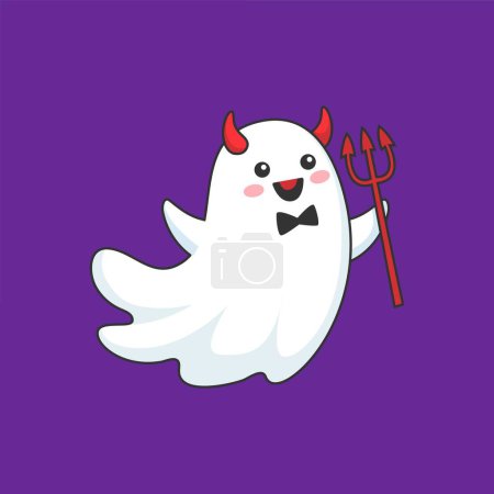 Illustration for Cartoon Halloween kawaii ghost devil, horror holiday funny cute boo vector character. Halloween trick or treat party cheerful ghost with devil horns and trident, kids kawaii poltergeist for Halloween - Royalty Free Image