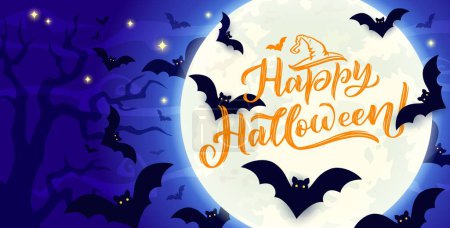 Midnight Halloween sky with flying bats and moon, horror night holiday cartoon vector background. Happy Halloween, trick or treat party celebration poster with spooky bats in haunted forest and moon