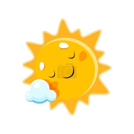 Cartoon sleeping sun character. Vector personage with cute playful face relax on soft fluffy cloud in the sky. Yellow solar with happy expression. Climate forecast for sunny and cloudy day