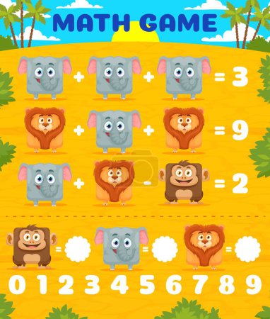 Illustration for Cartoon square lion, elephant and monkey characters math game worksheet. Vector riddle for children mathematics and calculation learning. Arithmetic science education and equation homework puzzle task - Royalty Free Image