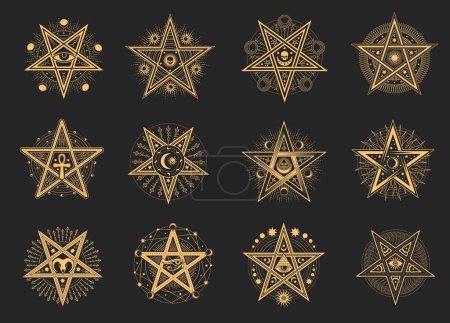 Pentagramme occulte ésotérique, signes magiques. Tatouage pentacle démon, sceau maçon magique, satan pentagramme lignes vectorielles symboles ensemble. Alchimie, sorcellerie signes ésotériques ou occultes avec pentagramme étoiles en cercle